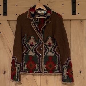 Anthropologie 100% Lamb Wool Brown and Multicolor Patterned Blazer